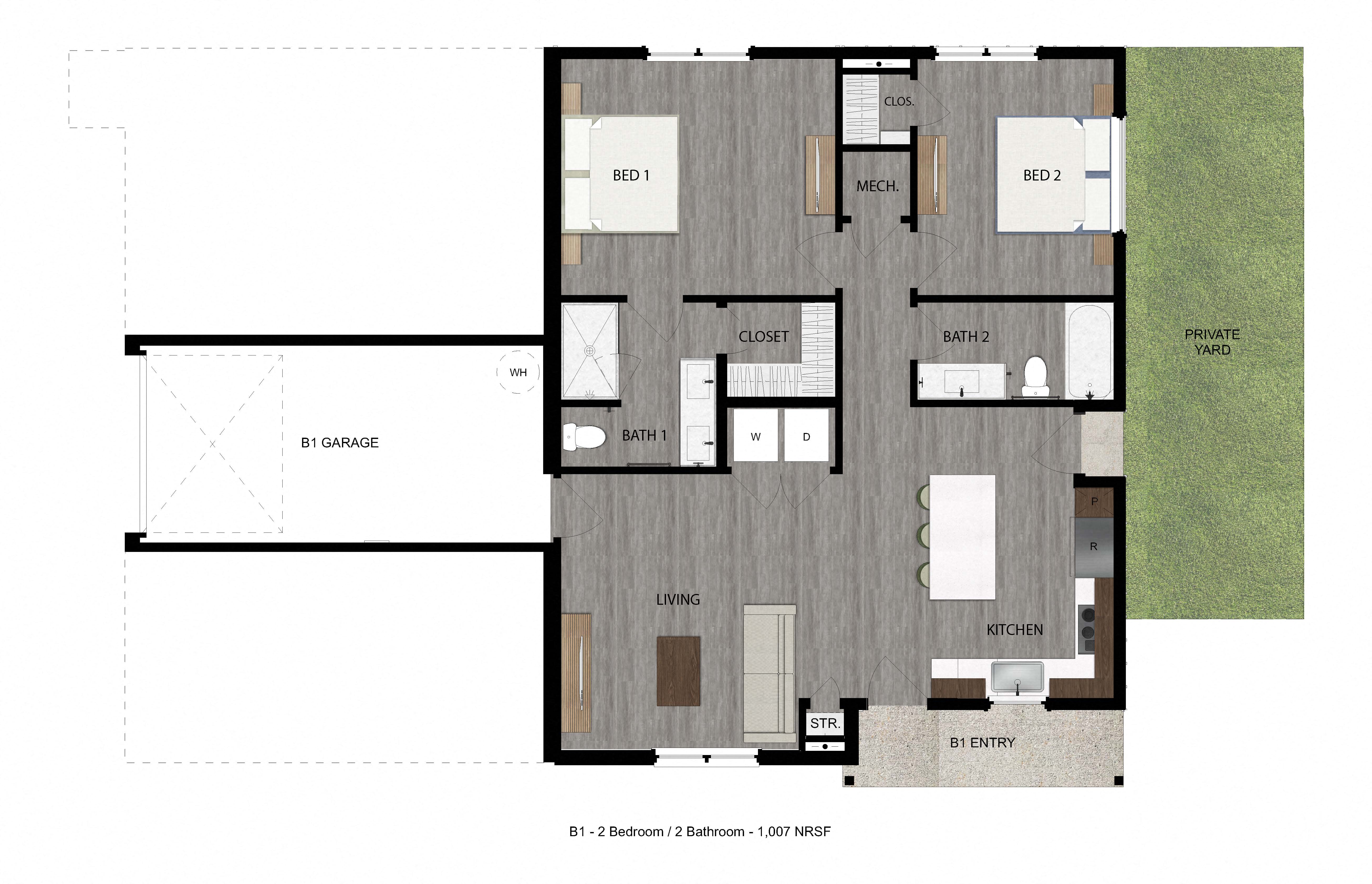 Floor plan for 2 beds, 2 baths, 1007 sqft